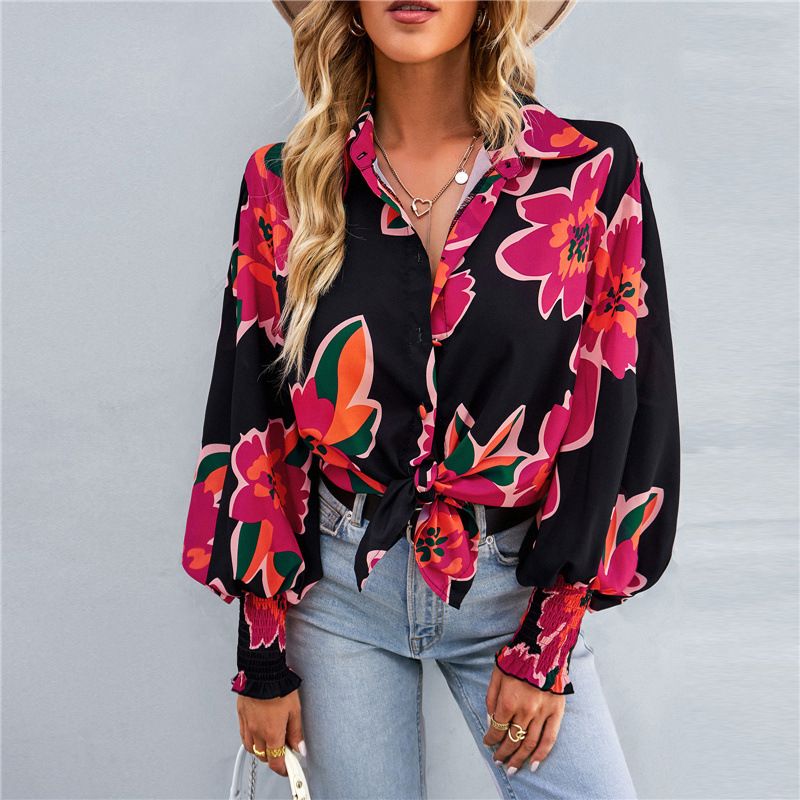 Hot selling commuter print long sleeve top with rollover lapel balloon sleeve shirt for women, loose and cool