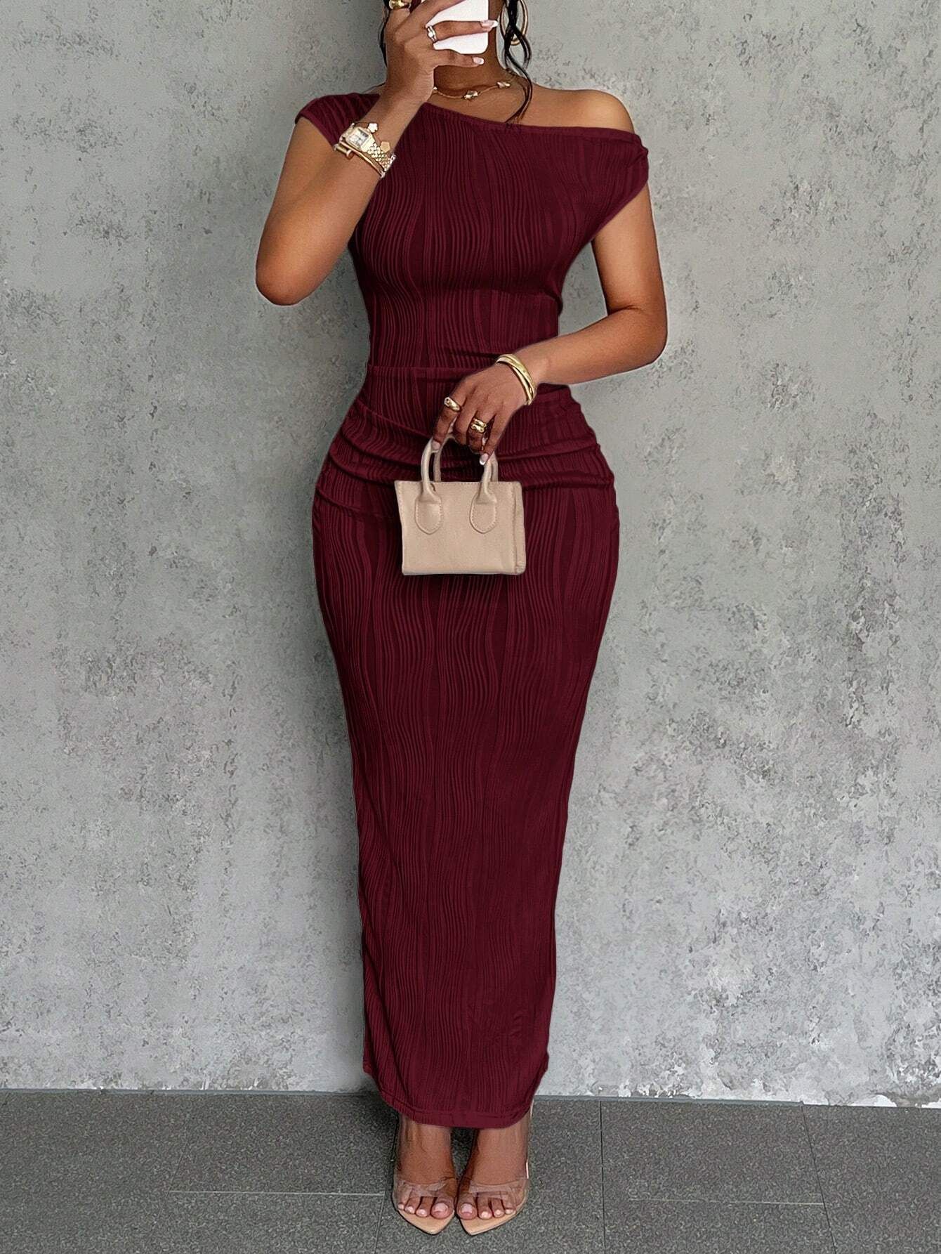Summer slanted shoulder water ripple dress women's fashion cute slim fit date party wear,Hot sale in Africa