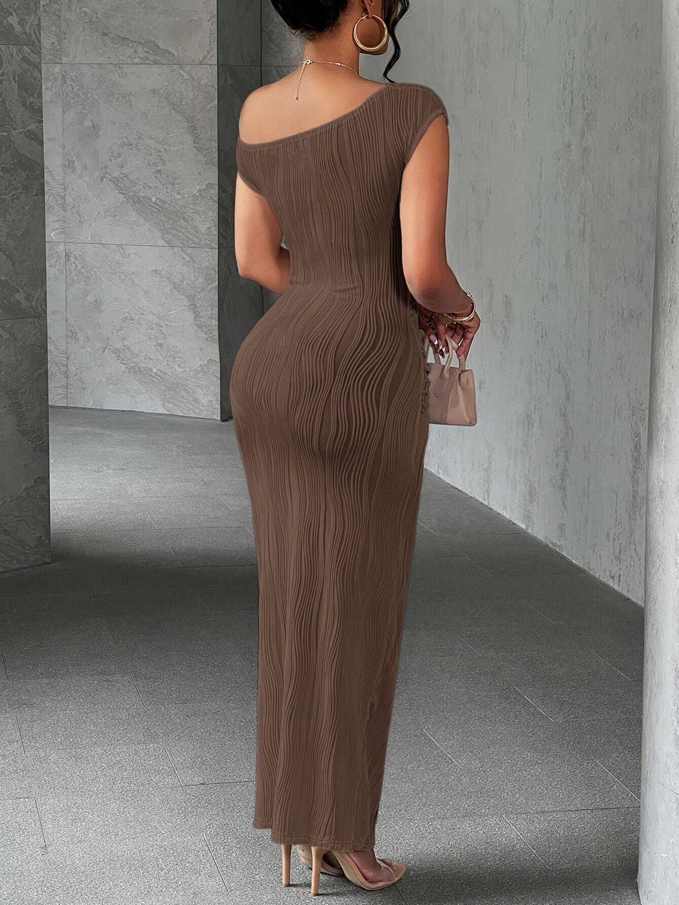 Summer slanted shoulder water ripple dress women's fashion cute slim fit date party wear,Hot sale in Africa