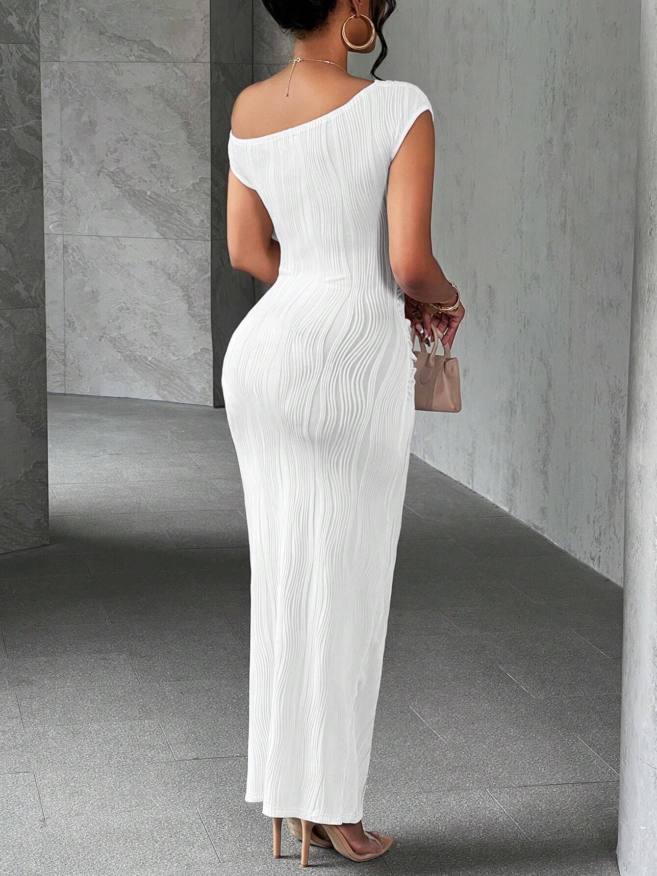 Summer slanted shoulder water ripple dress women's fashion cute slim fit date party wear,Hot sale in Africa