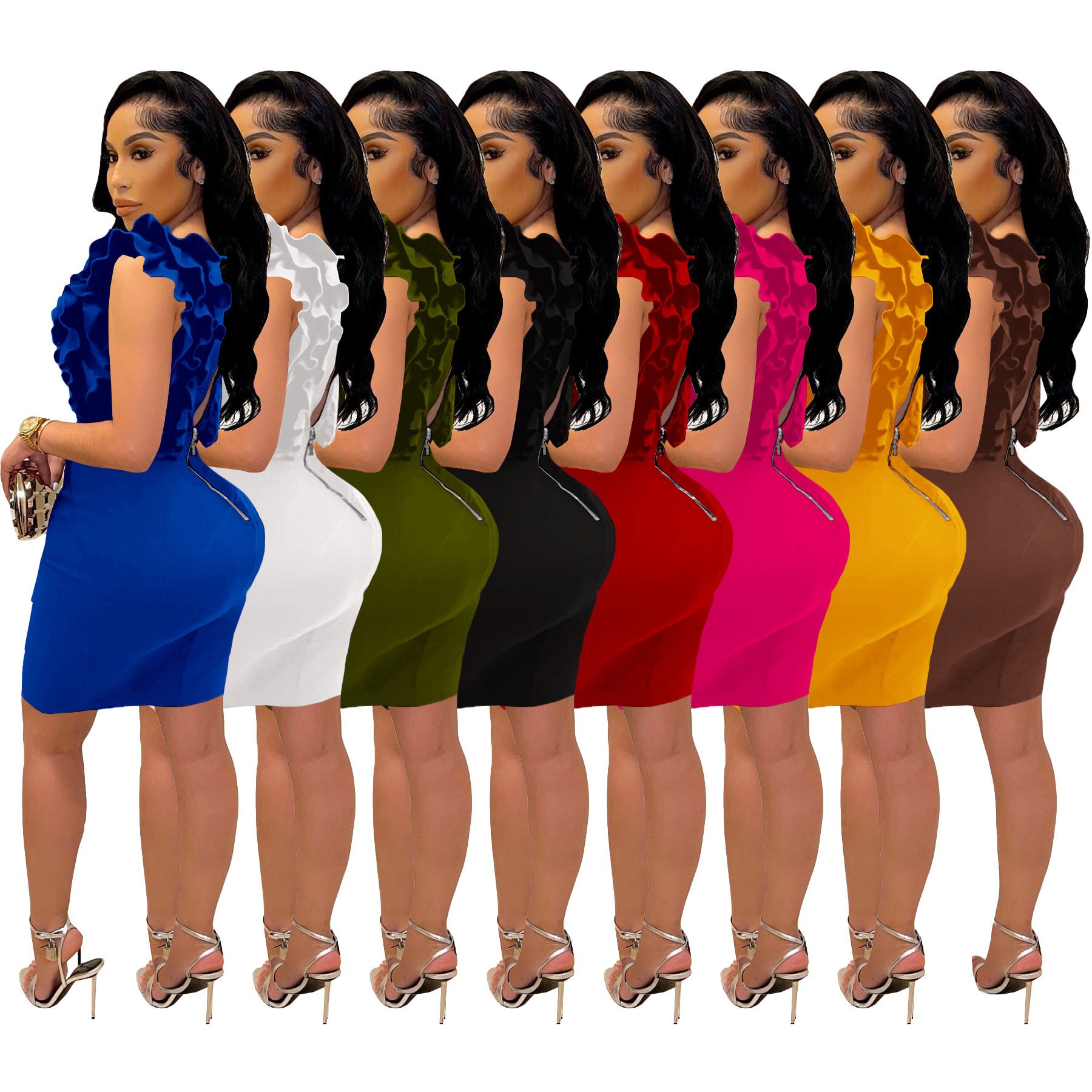 Amazon Best sale European and American Women's Solid Color Deep V Neck Pleated Club Mini Dress