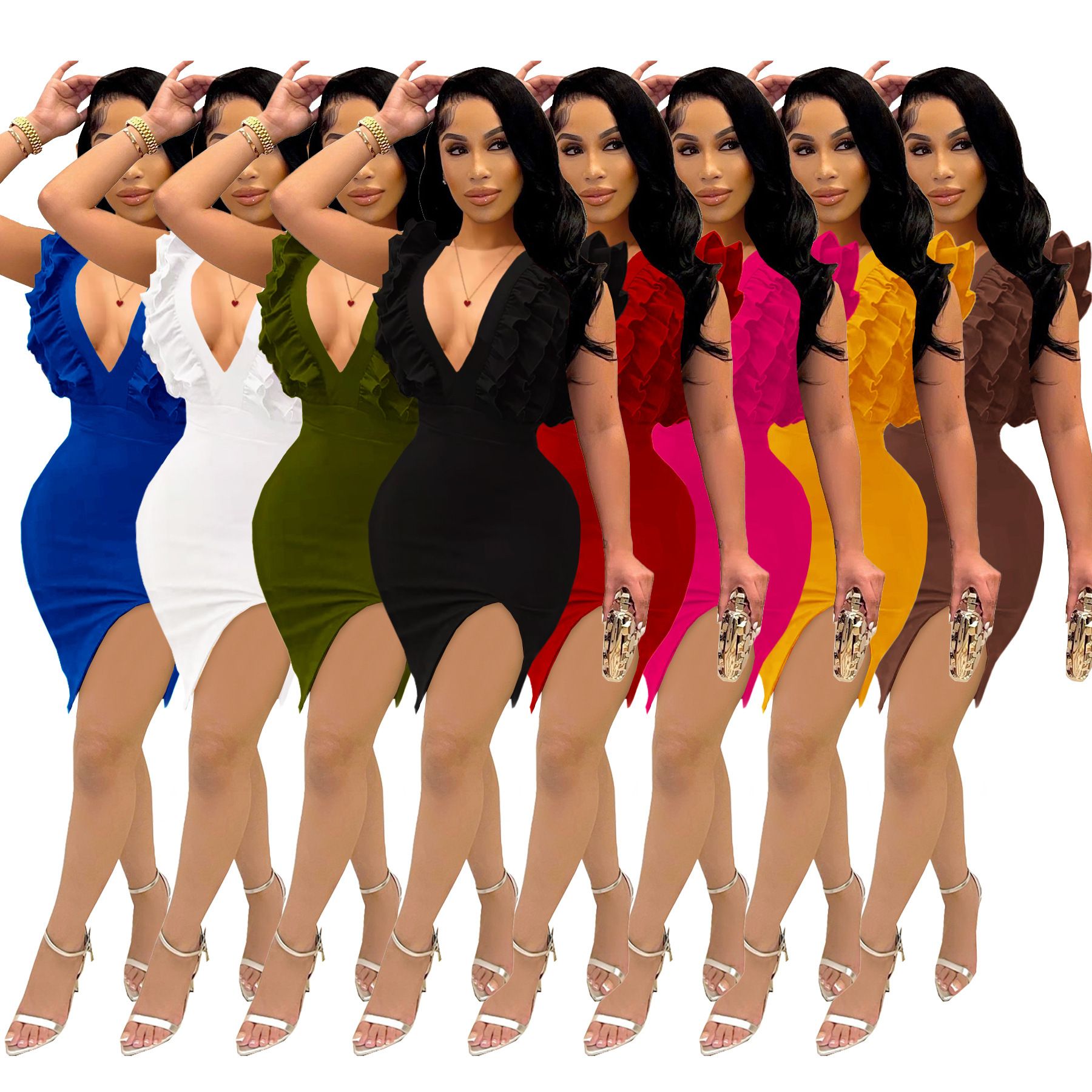 Amazon Best sale European and American Women's Solid Color Deep V Neck Pleated Club Mini Dress