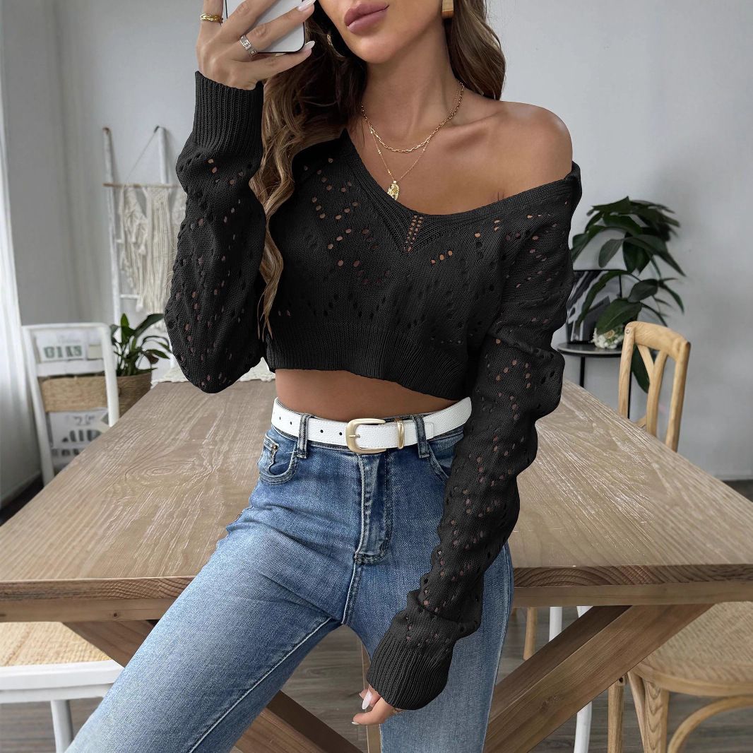 Women's cropped tops, women's spring and autumn new lapel polo collar cut-out crop top sweaters,hot sales