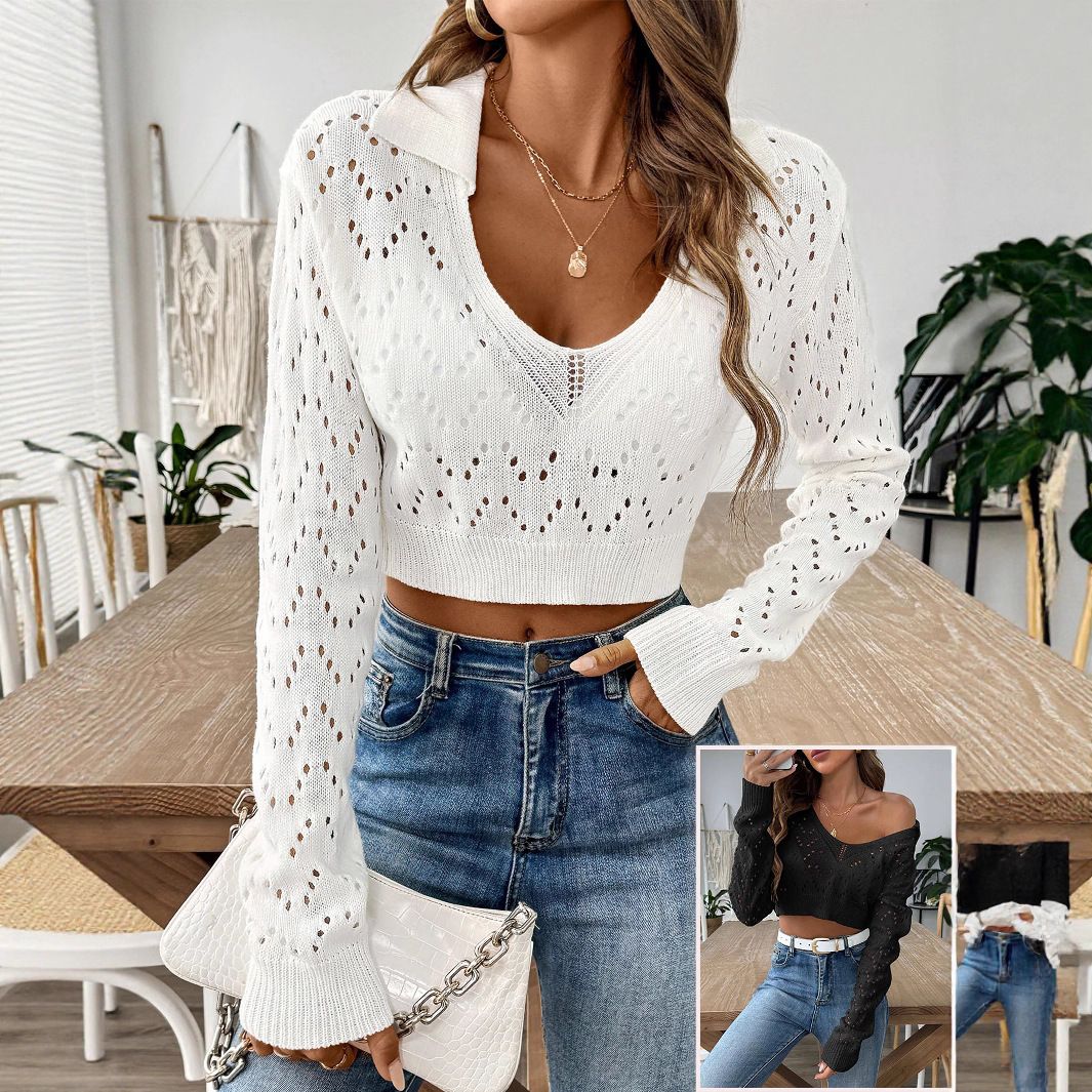 Women's cropped tops, women's spring and autumn new lapel polo collar cut-out crop top sweaters,hot sales