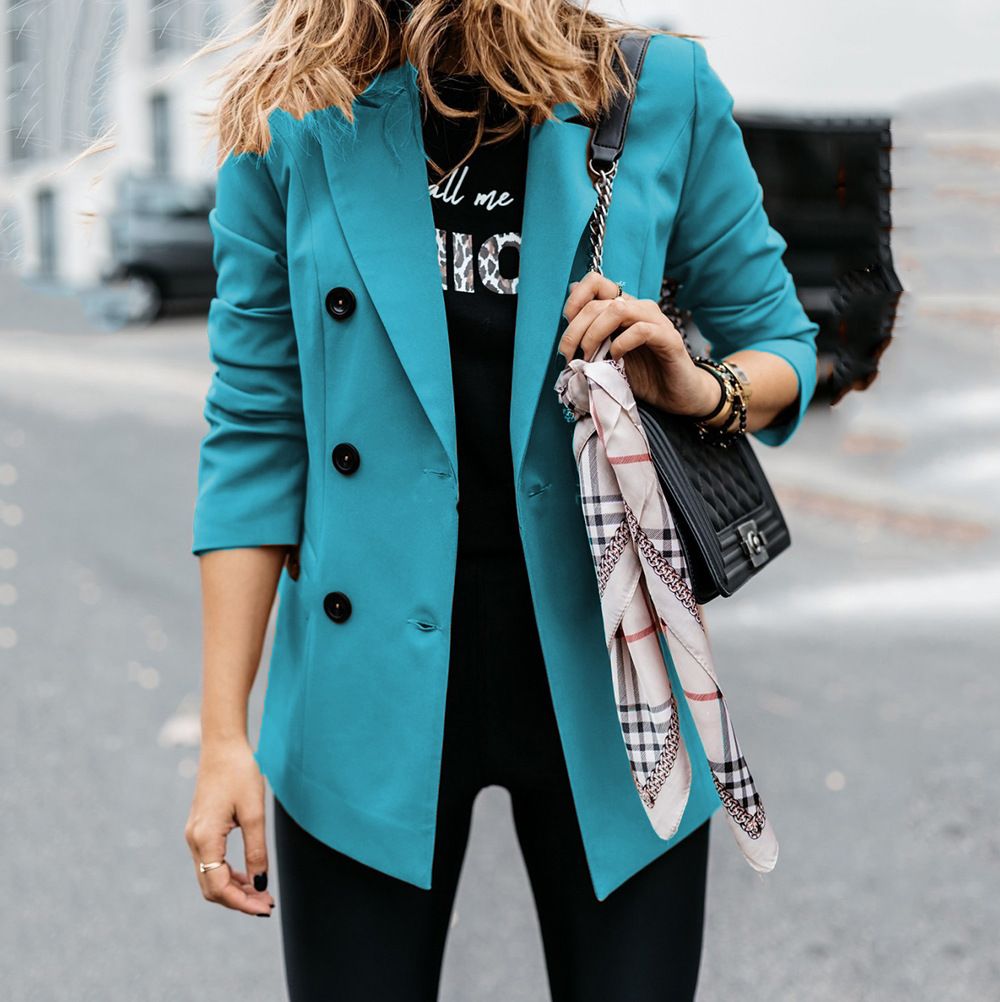 AliExpress wish autumn and winter new solid color long sleeve double-breasted suit small coat women's cardigan