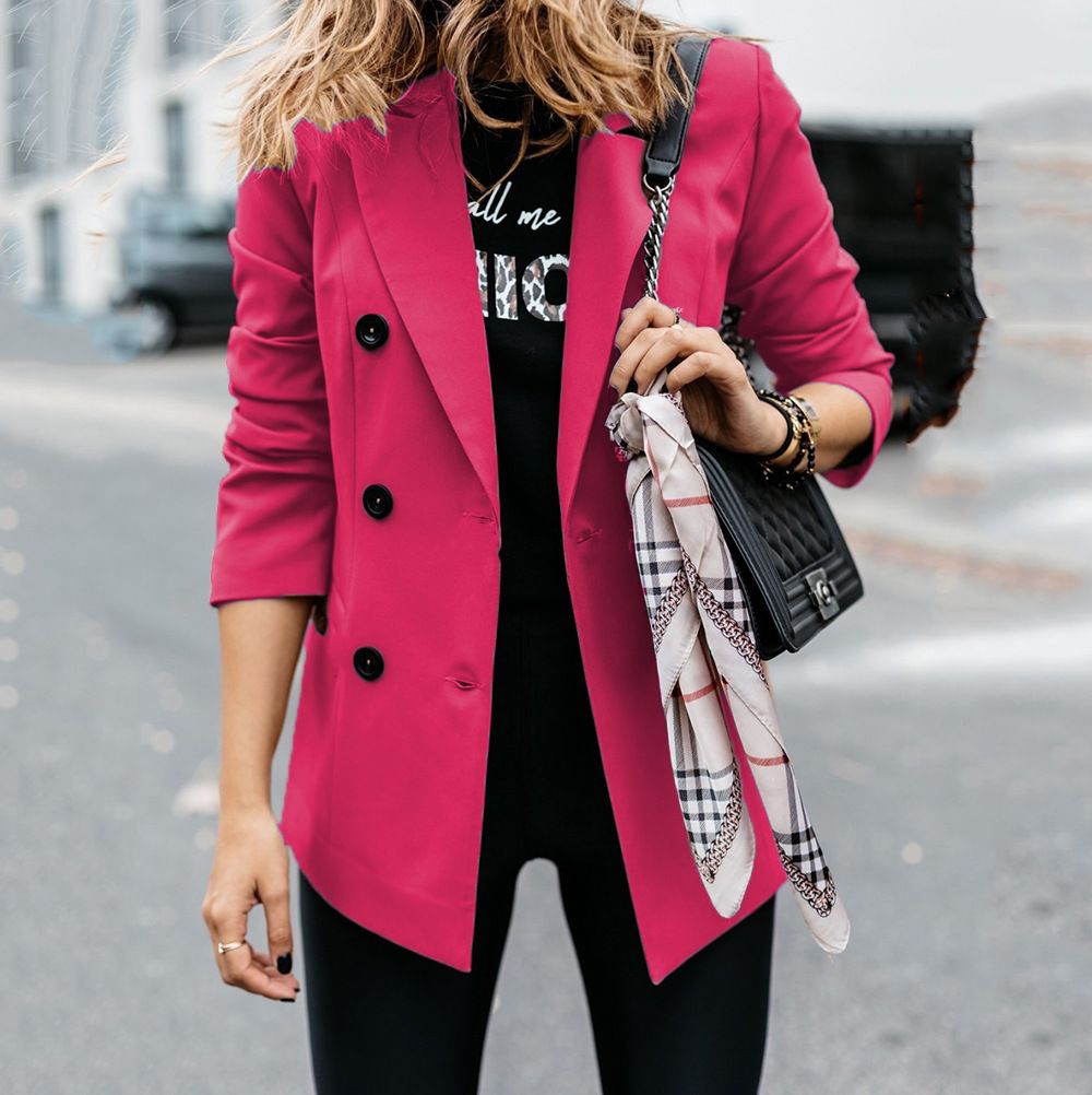AliExpress wish autumn and winter new solid color long sleeve double-breasted suit small coat women's cardigan
