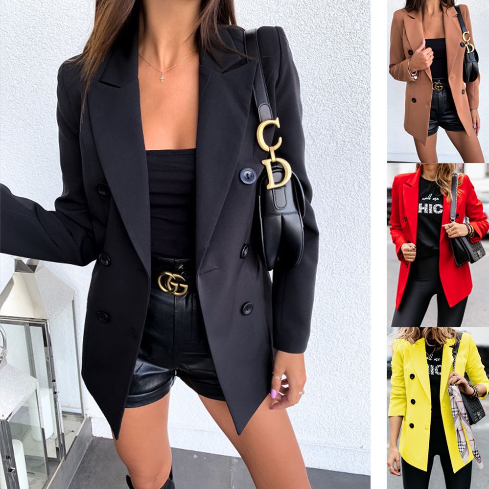 AliExpress wish autumn and winter new solid color long sleeve double-breasted suit small coat women's cardigan