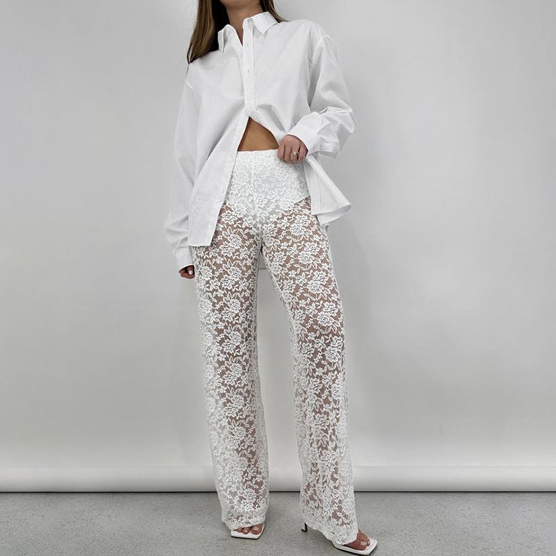 European and American style summer hot new sexy and versatile lace sheer high-waisted stitching long straight-leg pants women's pants