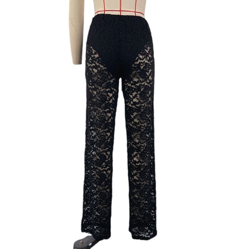 European and American style summer hot new sexy and versatile lace sheer high-waisted stitching long straight-leg pants women's pants
