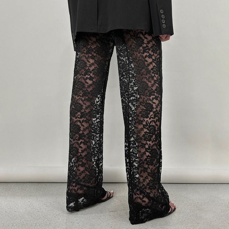 European and American style summer hot new sexy and versatile lace sheer high-waisted stitching long straight-leg pants women's pants