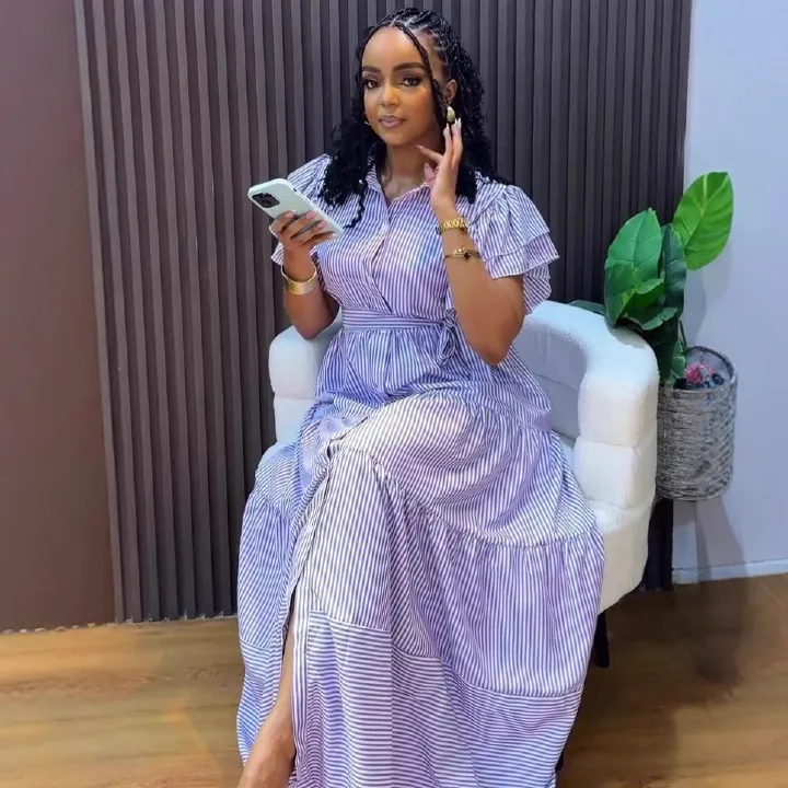 Fashionable striped short sleeved loose medium to long dress, African plus size women's slit long dress, women's