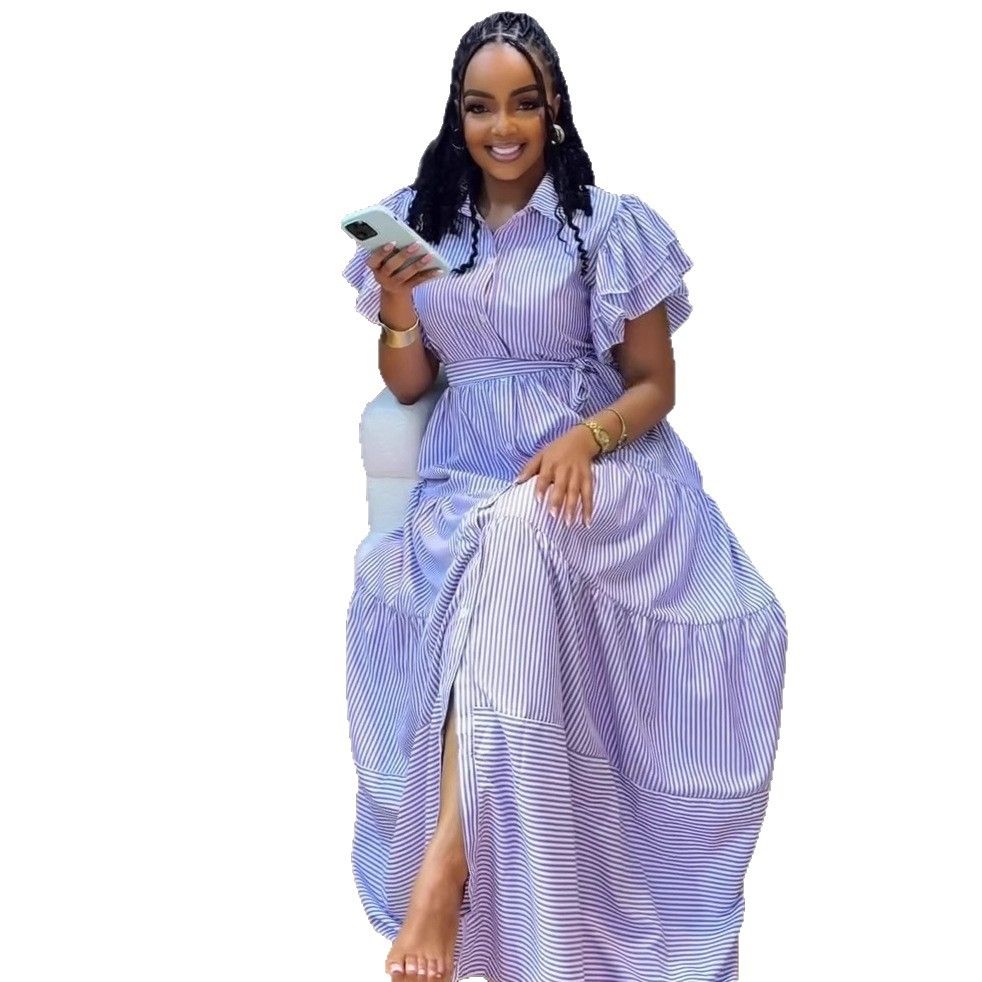 Fashionable striped short sleeved loose medium to long dress, African plus size women's slit long dress, women's