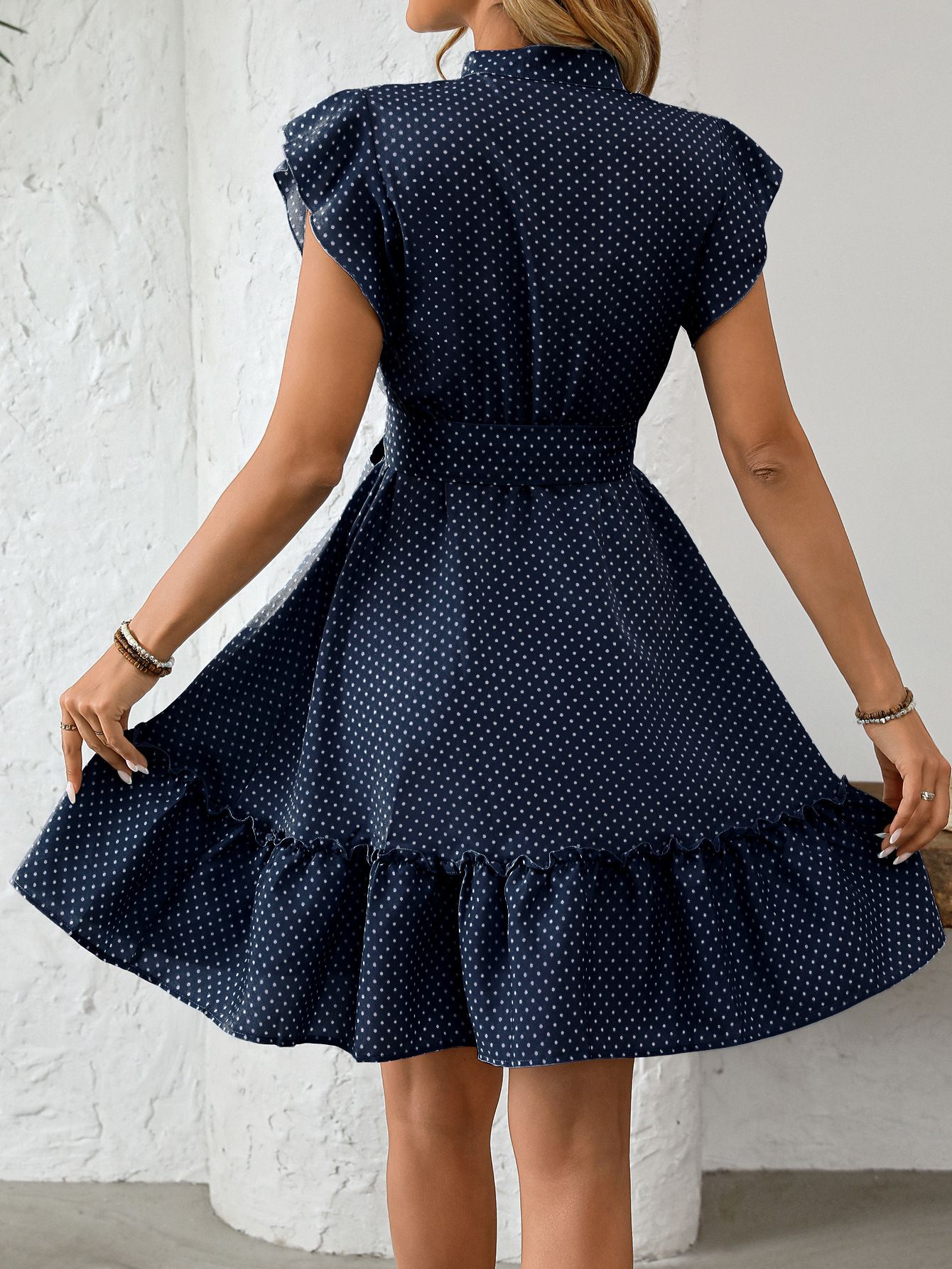 F .Women's European and American dress, elegant and stylish with ruffled sleeves, A-line skirt and lace up mid skirt