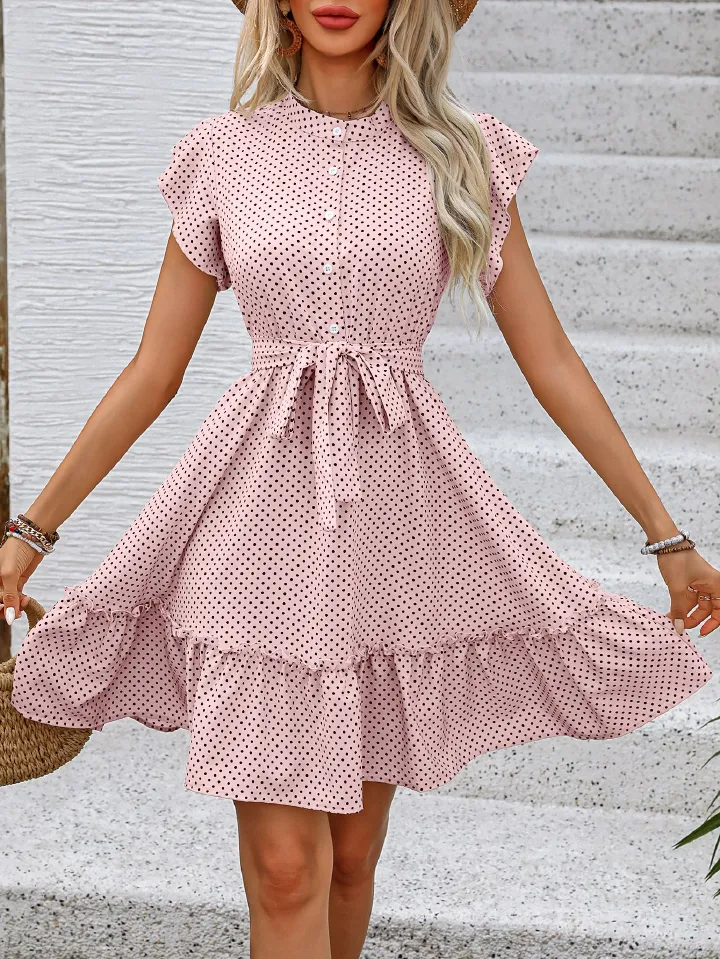 F .Women's European and American dress, elegant and stylish with ruffled sleeves, A-line skirt and lace up mid skirt