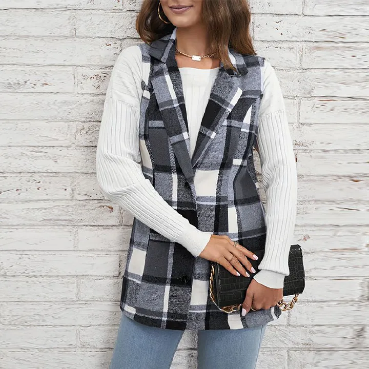 Women's coat, checkered vest, elegant and versatile sleeveless single breasted cardigan,hot sales