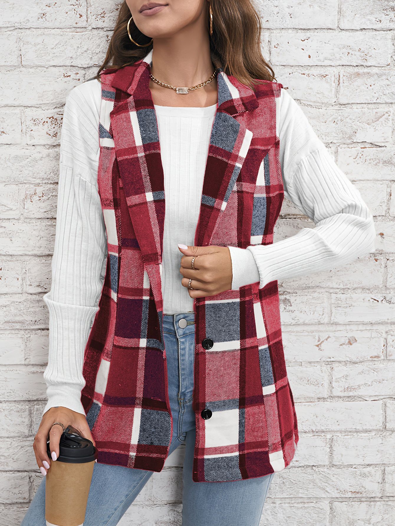 Women's coat, checkered vest, elegant and versatile sleeveless single breasted cardigan,hot sales