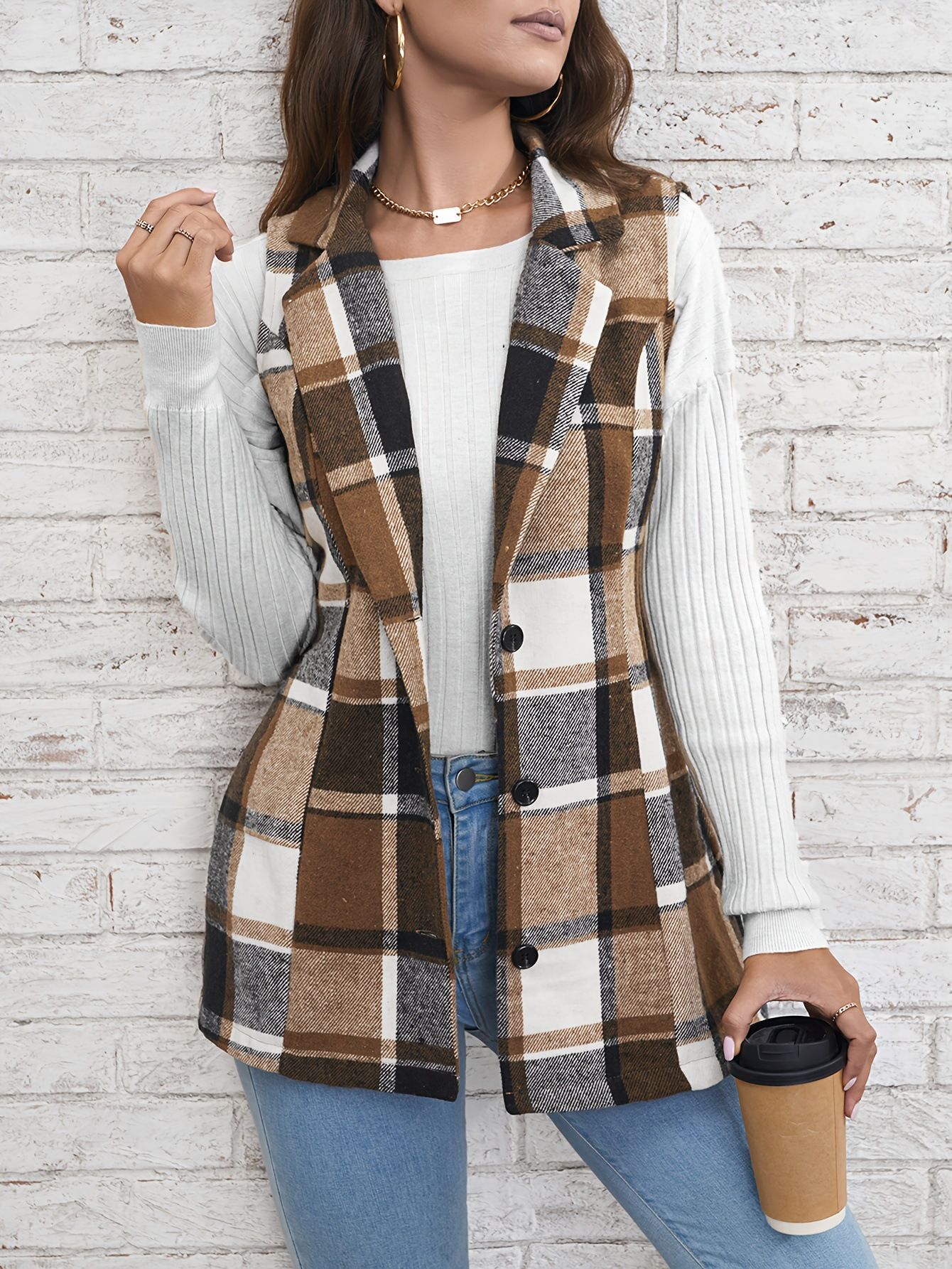 Women's coat, checkered vest, elegant and versatile sleeveless single breasted cardigan,hot sales