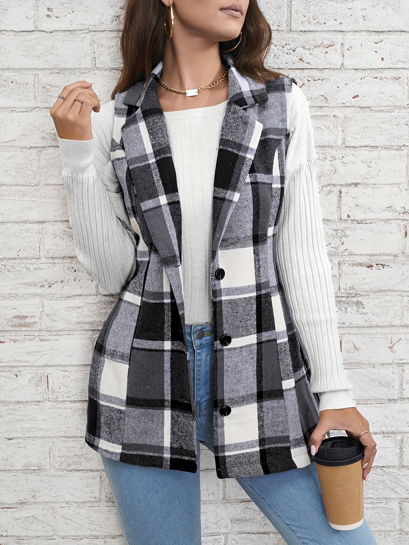 Women's coat, checkered vest, elegant and versatile sleeveless single breasted cardigan,hot sales