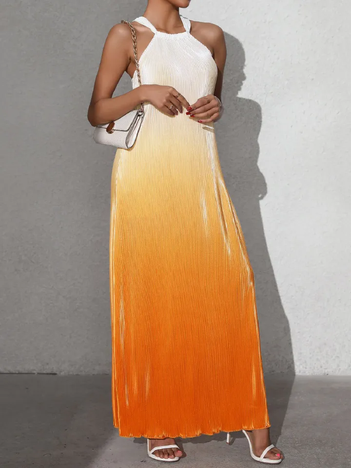 F.Fashionable and sexy backless hanging neck dress, spring and summer gradient sleeveless suspender A-line long skirt pullover