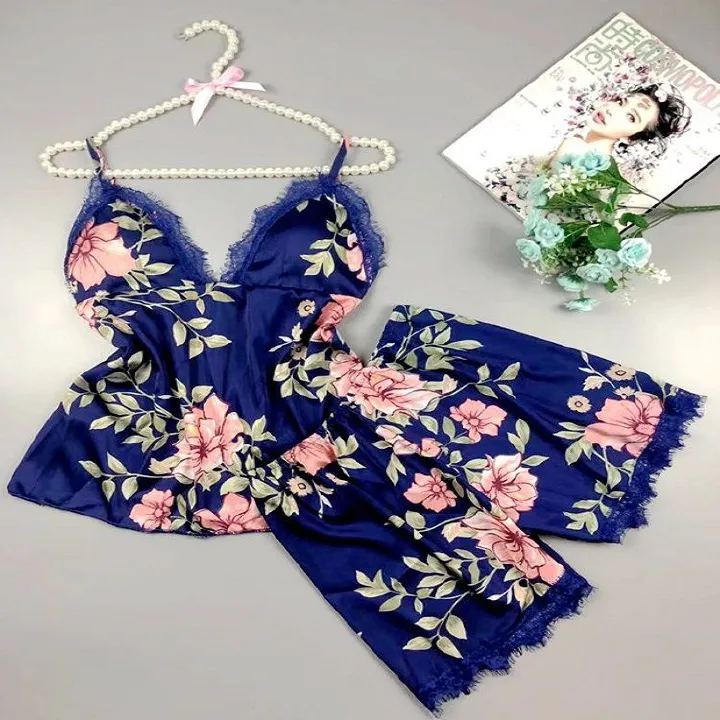 Oversized women's sleepwear cross-border spun silk sexy sleepwear women's summer thin printed two-piece set home wear