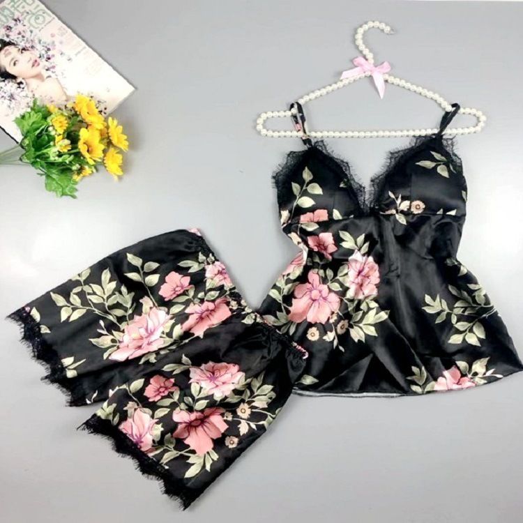 Oversized women's sleepwear cross-border spun silk sexy sleepwear women's summer thin printed two-piece set home wear