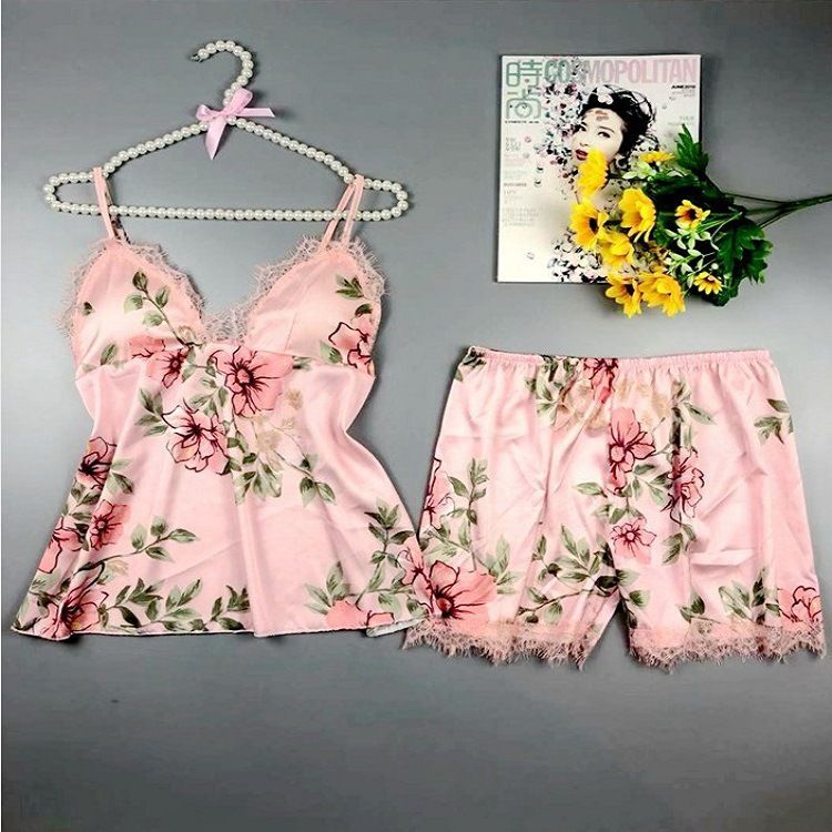 Oversized women's sleepwear cross-border spun silk sexy sleepwear women's summer thin printed two-piece set home wear