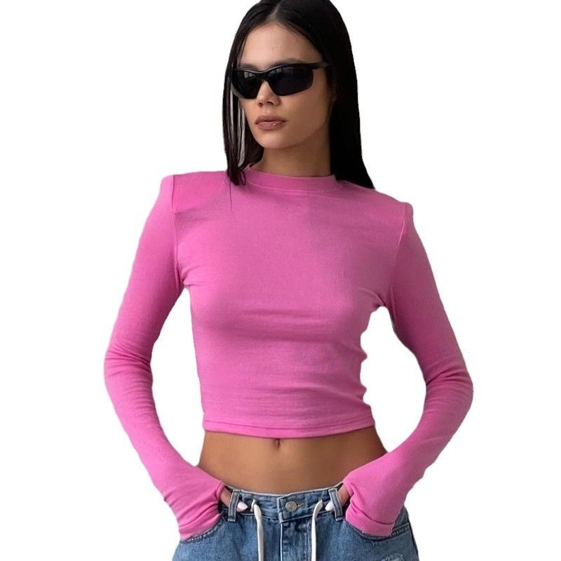 Shoulder padded women's clothing, casual long sleeved t-shirt, solid color slim fit pullover t-shirt for women's streetwear base/top