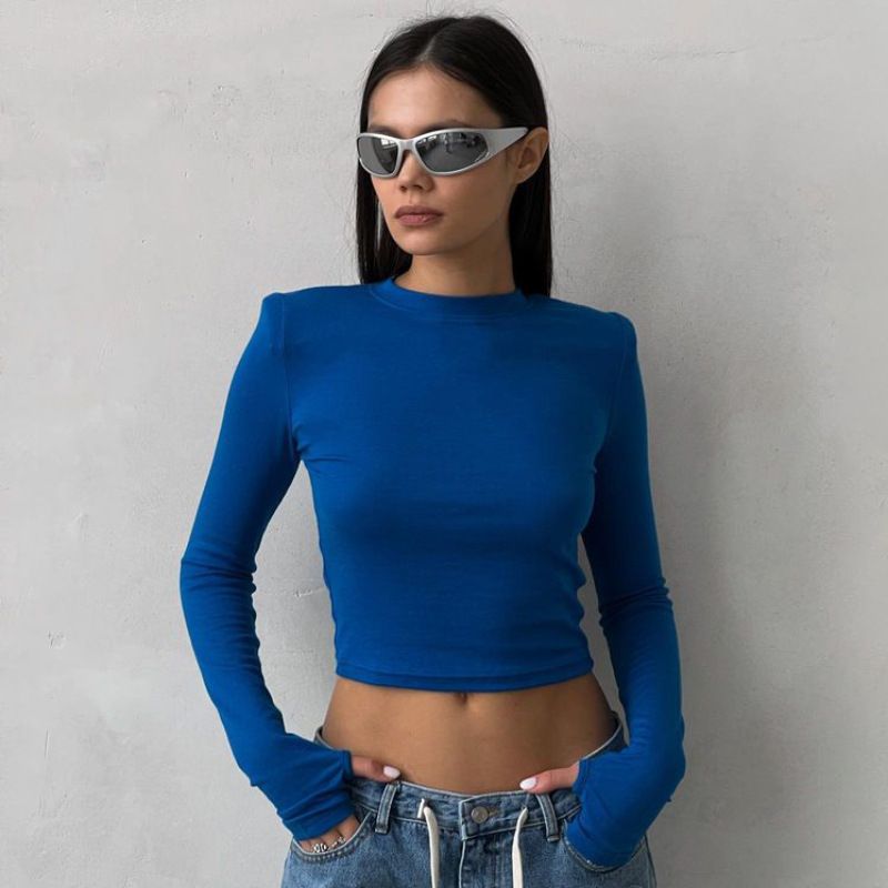 Shoulder padded women's clothing, casual long sleeved t-shirt, solid color slim fit pullover t-shirt for women's streetwear base/top