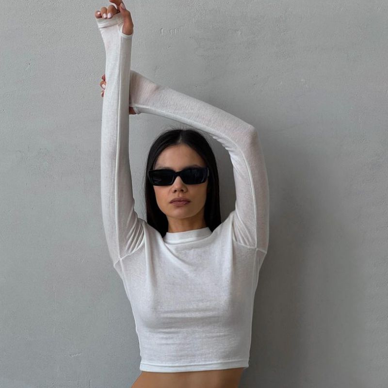 Shoulder padded women's clothing, casual long sleeved t-shirt, solid color slim fit pullover t-shirt for women's streetwear base/top
