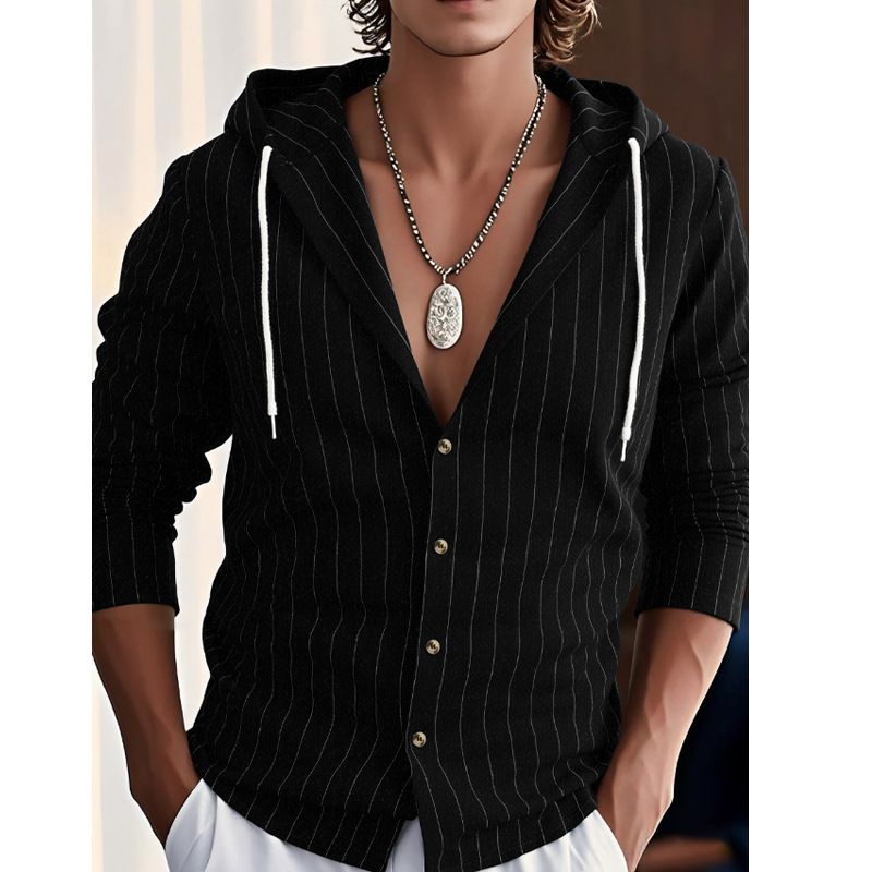 Men's vertical striped casual long sleeved shirt hooded drawstring linen cardigan trendy loose beach T-shirt