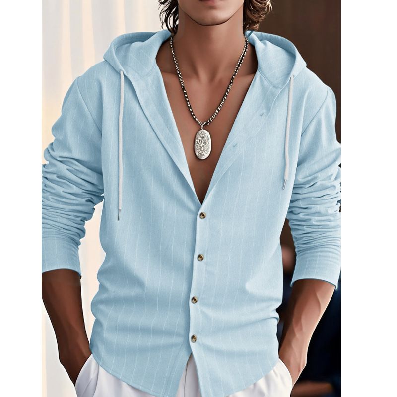 Men's vertical striped casual long sleeved shirt hooded drawstring linen cardigan trendy loose beach T-shirt
