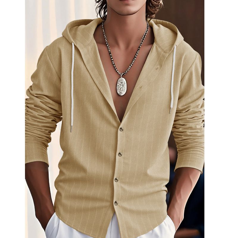 Men's vertical striped casual long sleeved shirt hooded drawstring linen cardigan trendy loose beach T-shirt