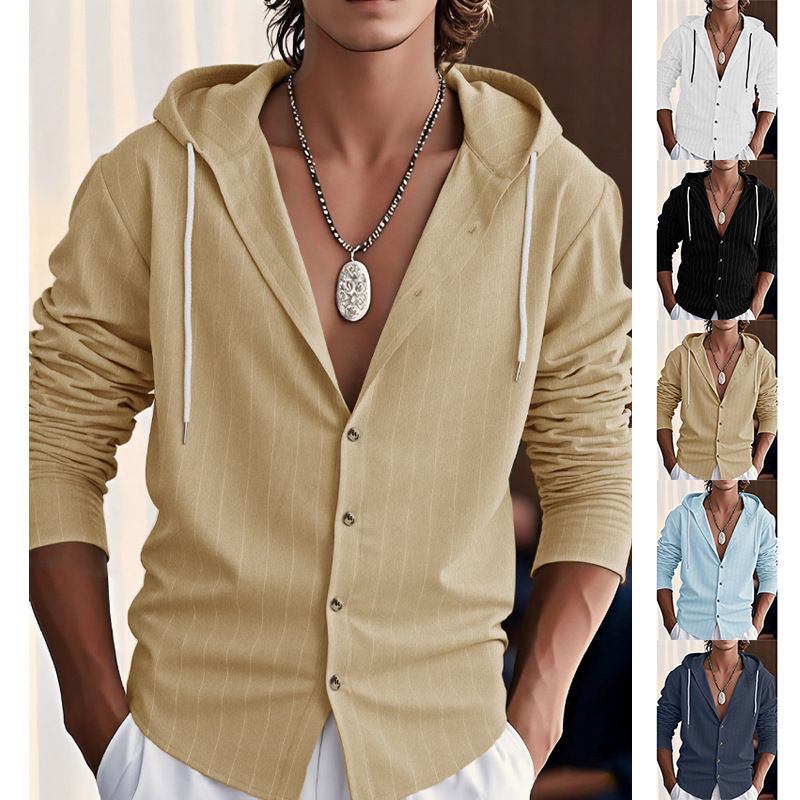 Men's vertical striped casual long sleeved shirt hooded drawstring linen cardigan trendy loose beach T-shirt