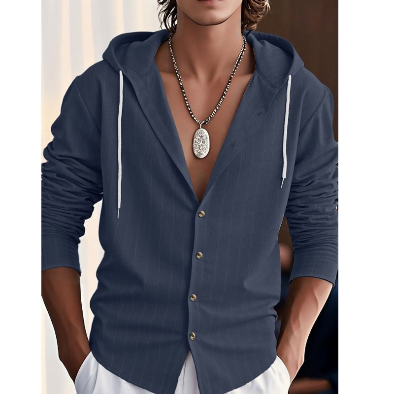 Men's vertical striped casual long sleeved shirt hooded drawstring linen cardigan trendy loose beach T-shirt