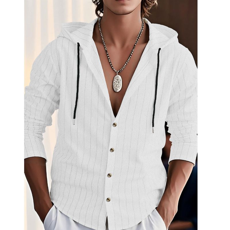 Men's vertical striped casual long sleeved shirt hooded drawstring linen cardigan trendy loose beach T-shirt