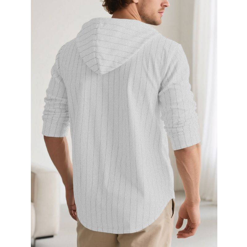 Men's vertical striped casual long sleeved shirt hooded drawstring linen cardigan trendy loose beach T-shirt