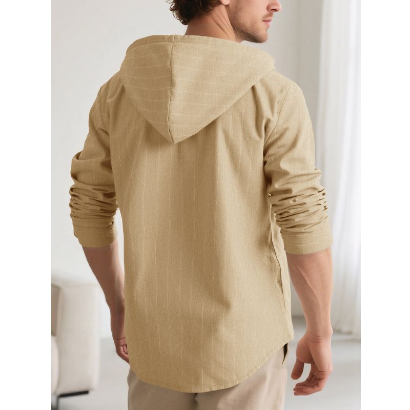 Men's vertical striped casual long sleeved shirt hooded drawstring linen cardigan trendy loose beach T-shirt