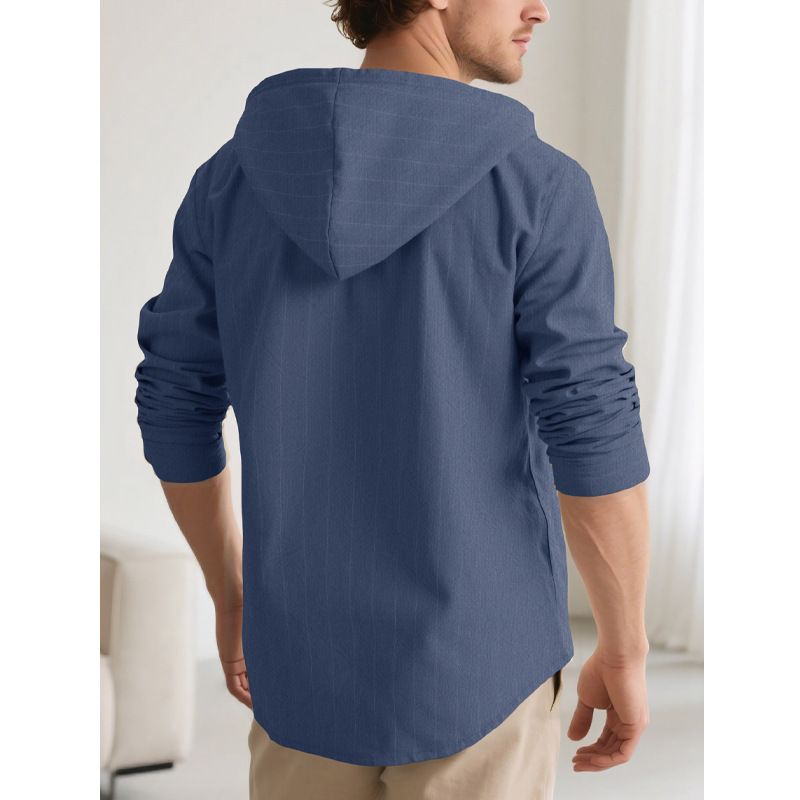 Men's vertical striped casual long sleeved shirt hooded drawstring linen cardigan trendy loose beach T-shirt