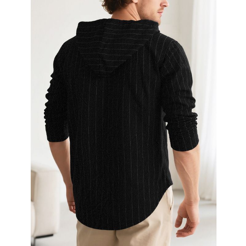 Men's vertical striped casual long sleeved shirt hooded drawstring linen cardigan trendy loose beach T-shirt