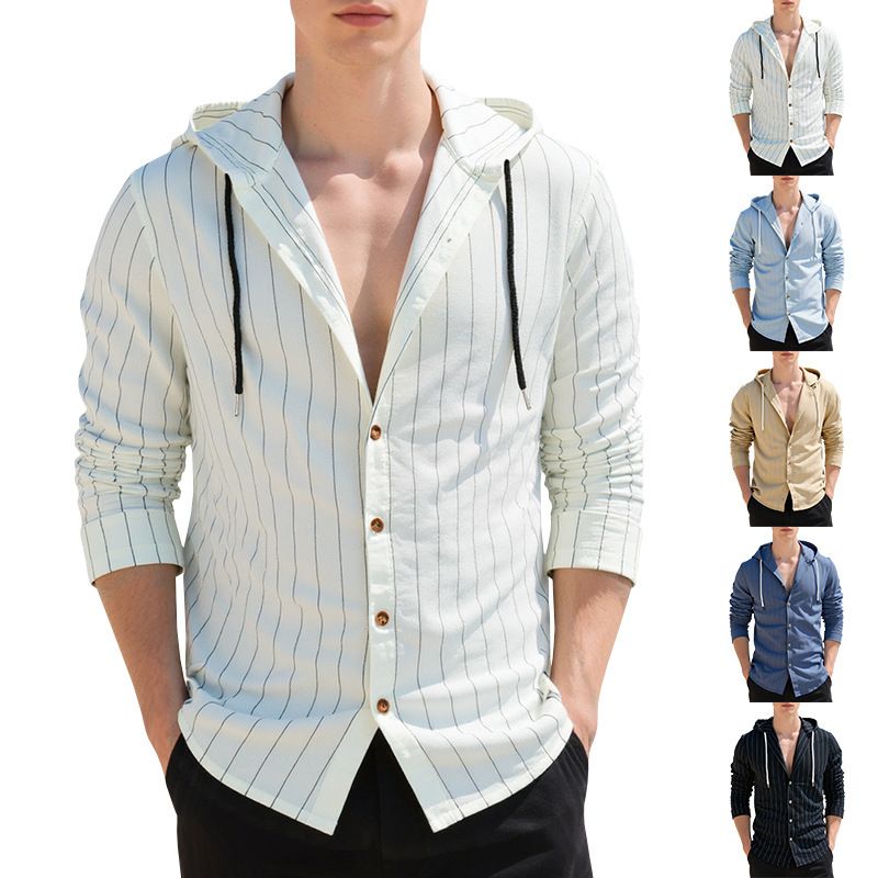Men's vertical striped casual long sleeved shirt hooded drawstring linen cardigan trendy loose beach T-shirt