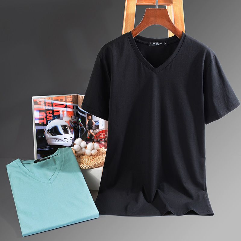 S to 5XL,V-neck solid color short sleeved T-shirt for men, high elasticity half sleeved trendy Korean version chicken heart collar men's thin T-shirt