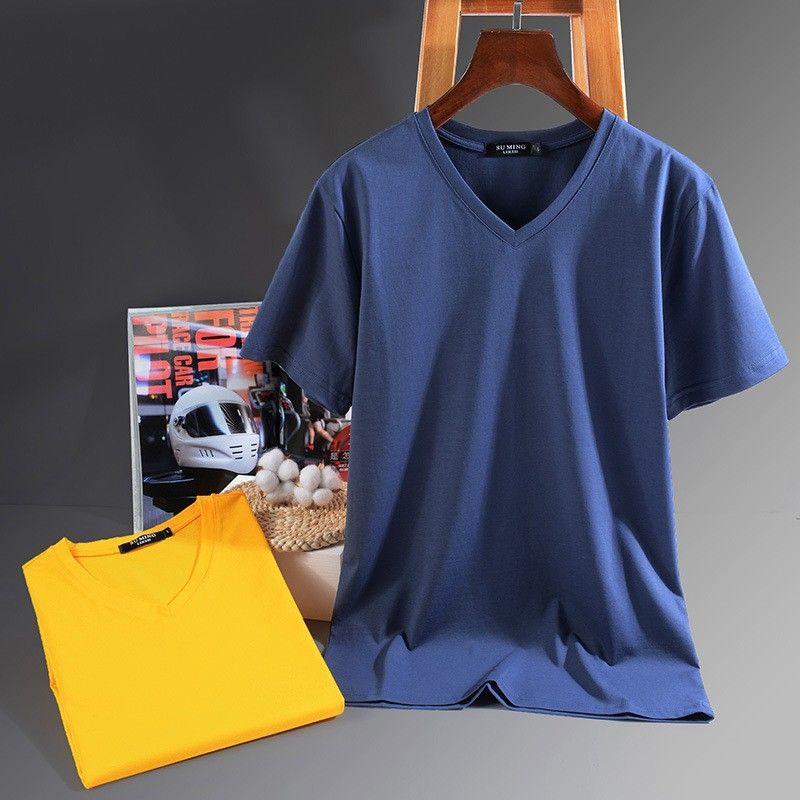 S to 5XL,V-neck solid color short sleeved T-shirt for men, high elasticity half sleeved trendy Korean version chicken heart collar men's thin T-shirt