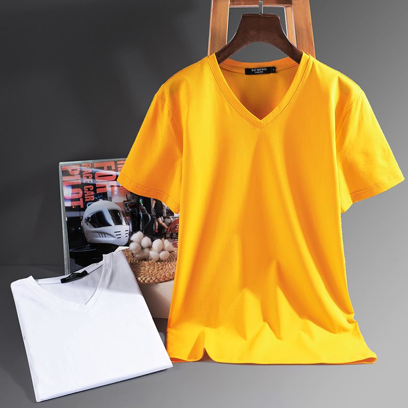 S to 5XL,V-neck solid color short sleeved T-shirt for men, high elasticity half sleeved trendy Korean version chicken heart collar men's thin T-shirt