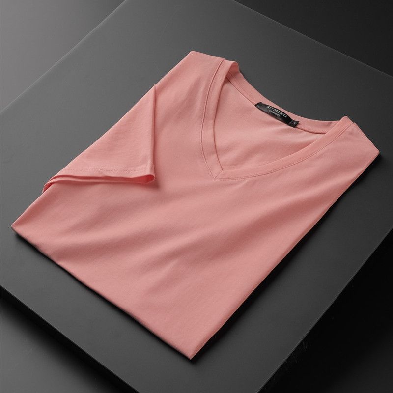 S to 5XL,V-neck solid color short sleeved T-shirt for men, high elasticity half sleeved trendy Korean version chicken heart collar men's thin T-shirt