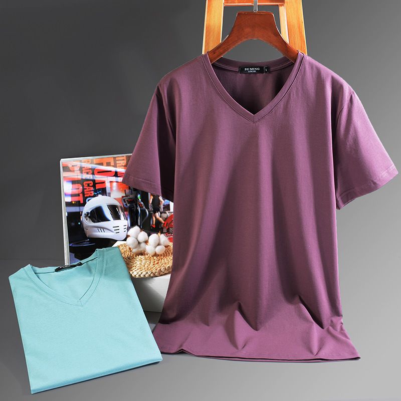 S to 5XL,V-neck solid color short sleeved T-shirt for men, high elasticity half sleeved trendy Korean version chicken heart collar men's thin T-shirt