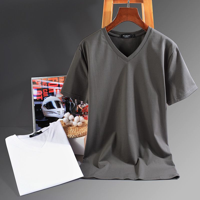 S to 5XL,V-neck solid color short sleeved T-shirt for men, high elasticity half sleeved trendy Korean version chicken heart collar men's thin T-shirt