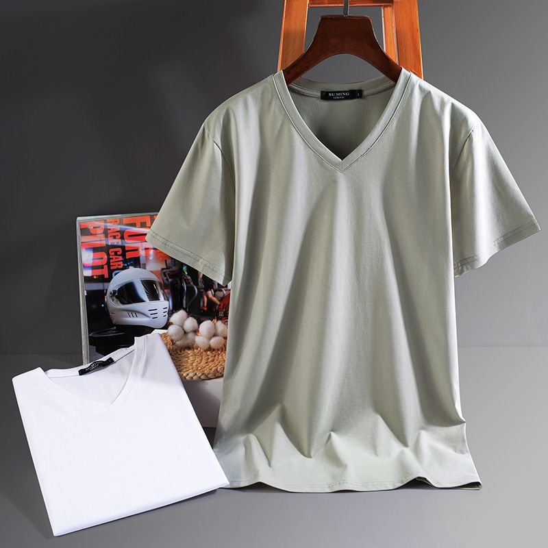 S to 5XL,V-neck solid color short sleeved T-shirt for men, high elasticity half sleeved trendy Korean version chicken heart collar men's thin T-shirt