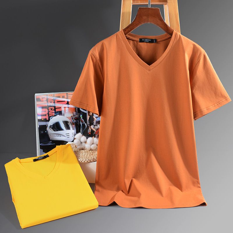 S to 5XL,V-neck solid color short sleeved T-shirt for men, high elasticity half sleeved trendy Korean version chicken heart collar men's thin T-shirt