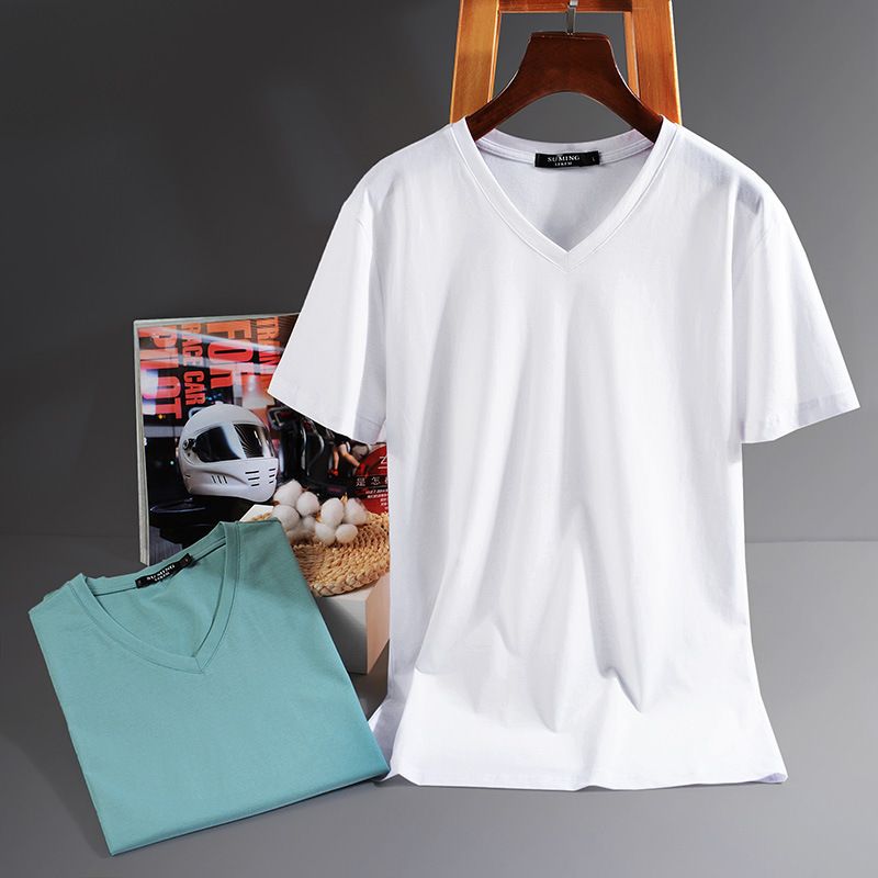 S to 5XL,V-neck solid color short sleeved T-shirt for men, high elasticity half sleeved trendy Korean version chicken heart collar men's thin T-shirt
