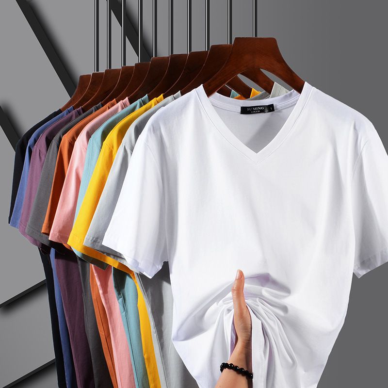 S to 5XL,V-neck solid color short sleeved T-shirt for men, high elasticity half sleeved trendy Korean version chicken heart collar men's thin T-shirt